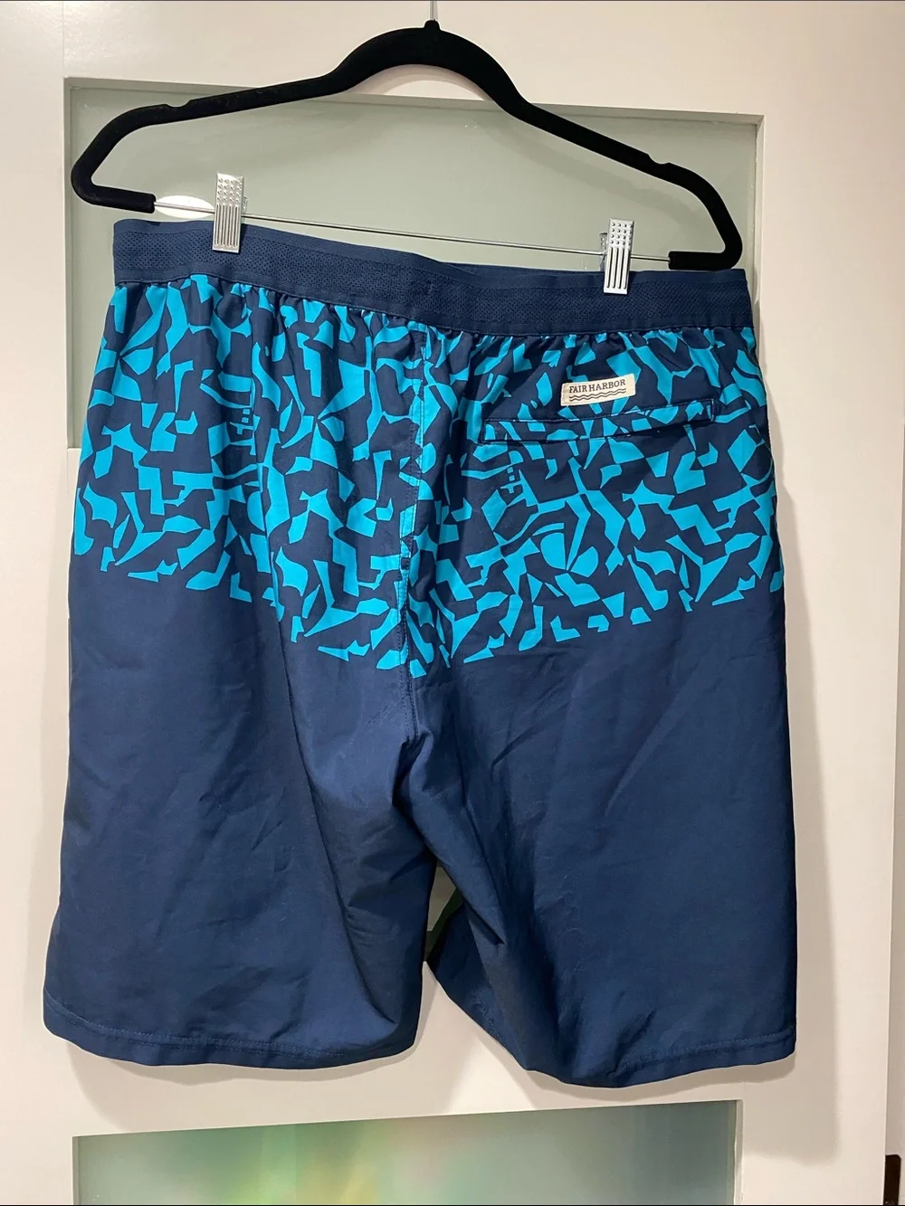 Fair Harbor Navy Board Shorts with Teal Geometric Waist